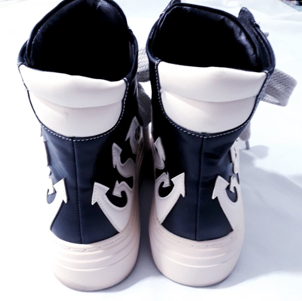 Fashion Black  White High-Top Sneakers Ankle Boots Platform Stick Sole Size 40 - Picture 8 of 12